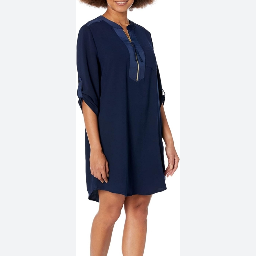 Trina Turk Kaiko crepe zip navy blue tunic mini shirt dress
